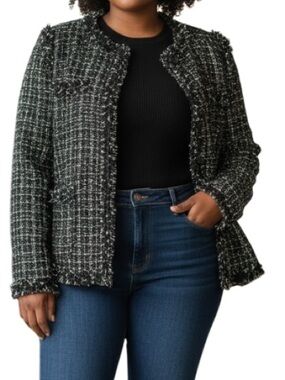 Ebossy Tweed Fringe Jacket Black White Bouclé Chanel Style XXL NWT